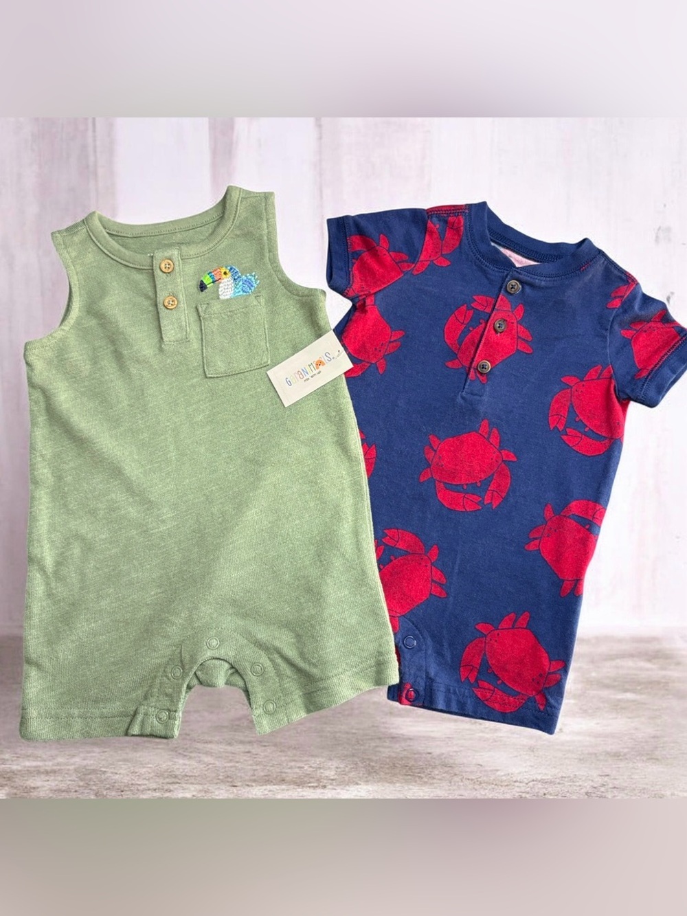 Garanimals Sleeveless Green Romper with Toucan Patch & Carter’s Red Crabs Romper